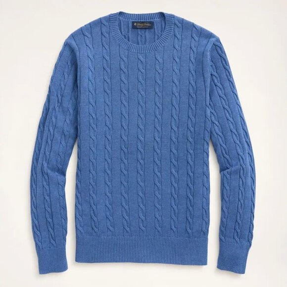 Brooks Brothers Cable Knit Sweater Supima Cotton Crewneck Blue Mens Medium NEW - Picture 1 of 10